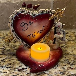Romantic Heart Candle Holder with Cat Figurine